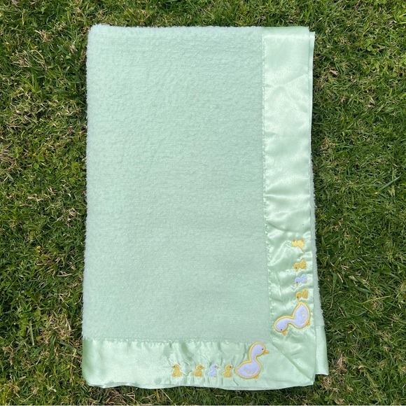VTG Springmaid Baby Satin Trim Ducks-In-A-Row Baby Blanket Green Bamboo Blend - Picture 1 of 11